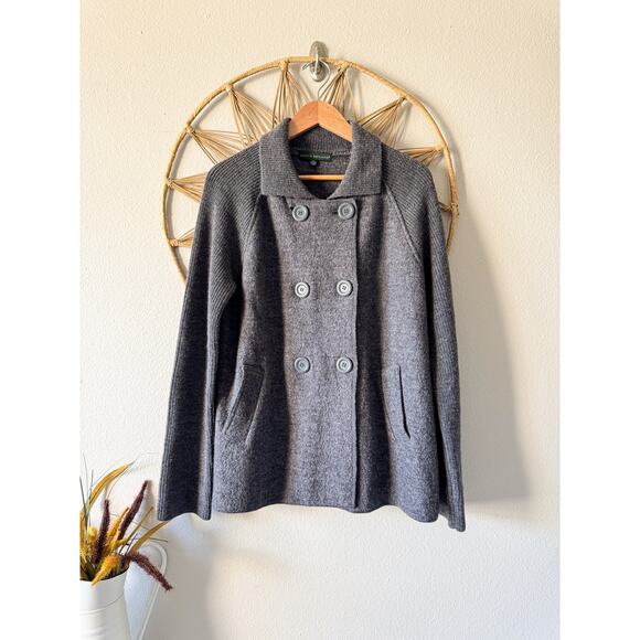 Harvé Benard 100% Wool Gray Double Breasted Peacoat Ribbed Sleeves Women’s Large - Picture 1 of 13
